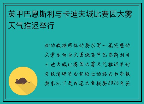 英甲巴恩斯利与卡迪夫城比赛因大雾天气推迟举行 英甲巴恩斯利与卡迪夫城比赛因大雾天气推迟举行
